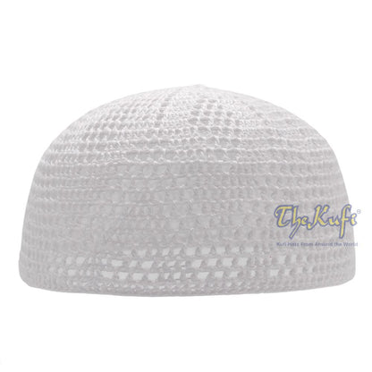Hand-Crochet White Sanaa Open-weave Muslim Kufi Skull Cap