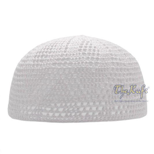 Hand-Crochet White Sanaa Open-weave Muslim Kufi Skull Cap