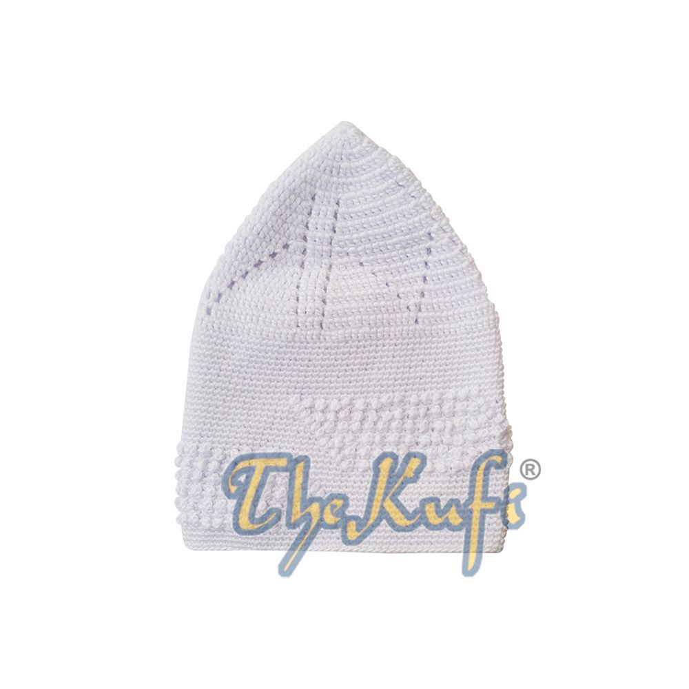 White Cotton Hand-Crochet with Parallelogram Knot Design Open-Weave Feature On Top Kufi