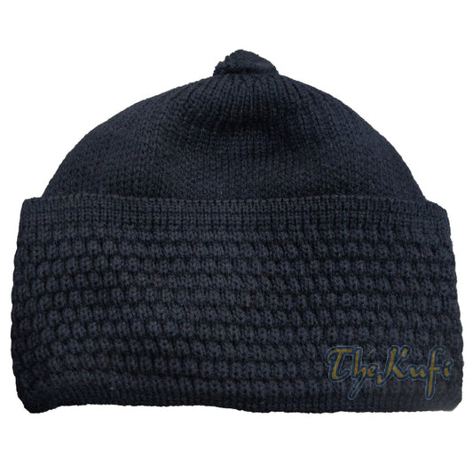 One-Size Dark Blue Thick Stretchy Double Layer Warm Faux Wool Beanie Hat with Pompom