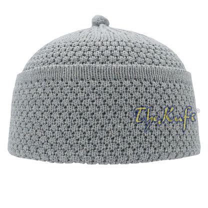 One-Size Light Gray Thick-Weave Stretchy Double Layer Warm Cotton-Acrylic Beanie Hat with Pompom