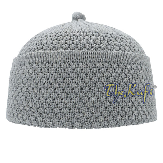 One-Size Light Gray Thick-Weave Stretchy Double Layer Warm Cotton-Acrylic Beanie Hat with Pompom
