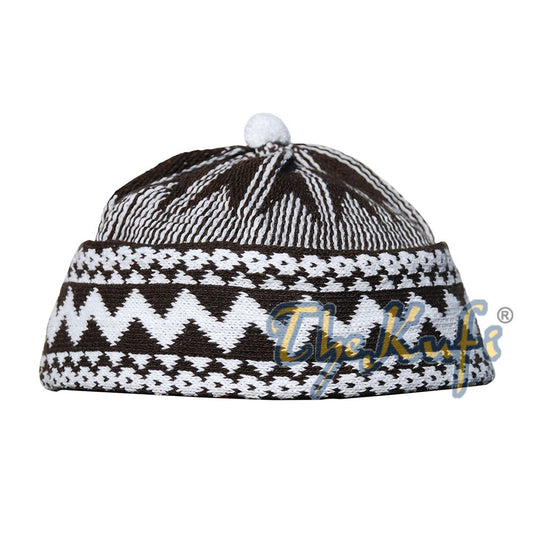Buy 1 Get 1 Free! Warm Dark Brown Cotton Blend Zigzag Beanie Kufi Hat with Ball On Top