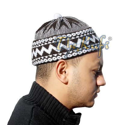 Buy 1 Get 1 Free! Warm Dark Brown Cotton Blend Zigzag Beanie Kufi Hat with Ball On Top