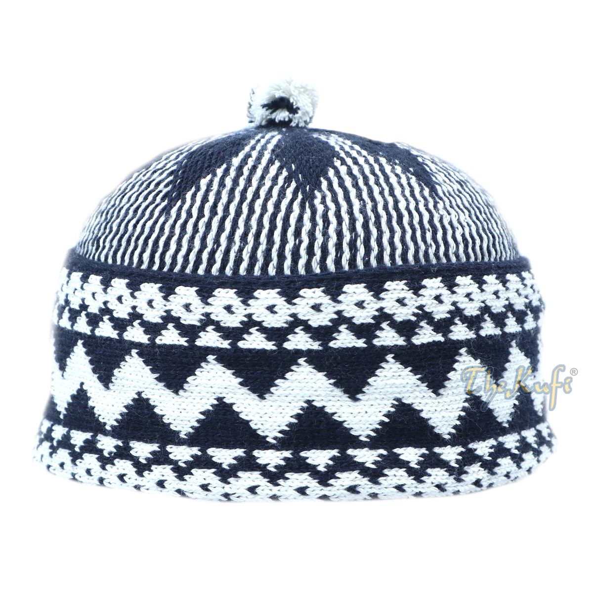 Indigo Blue Cotton Blend Zigzag Beanie Kufi Hat with Ball On Top