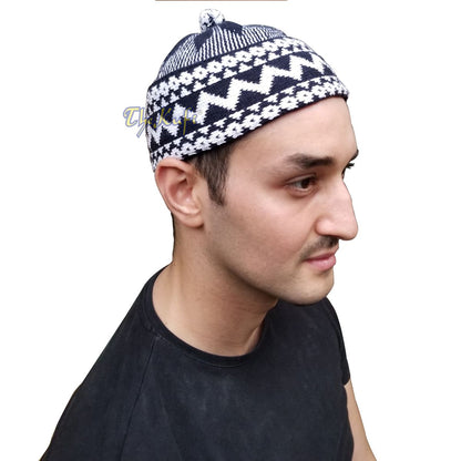 Indigo Blue Cotton Blend Zigzag Beanie Kufi Hat with Ball On Top
