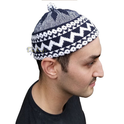 Indigo Blue Cotton Blend Zigzag Beanie Kufi Hat with Ball On Top