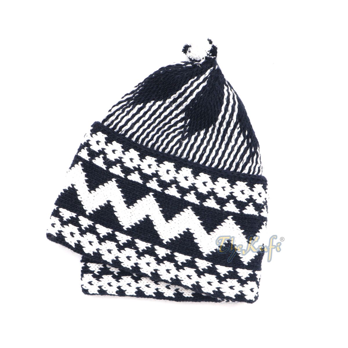 Indigo Blue Cotton Blend Zigzag Beanie Kufi Hat with Ball On Top
