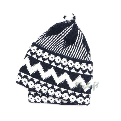 Indigo Blue Cotton Blend Zigzag Beanie Kufi Hat with Ball On Top
