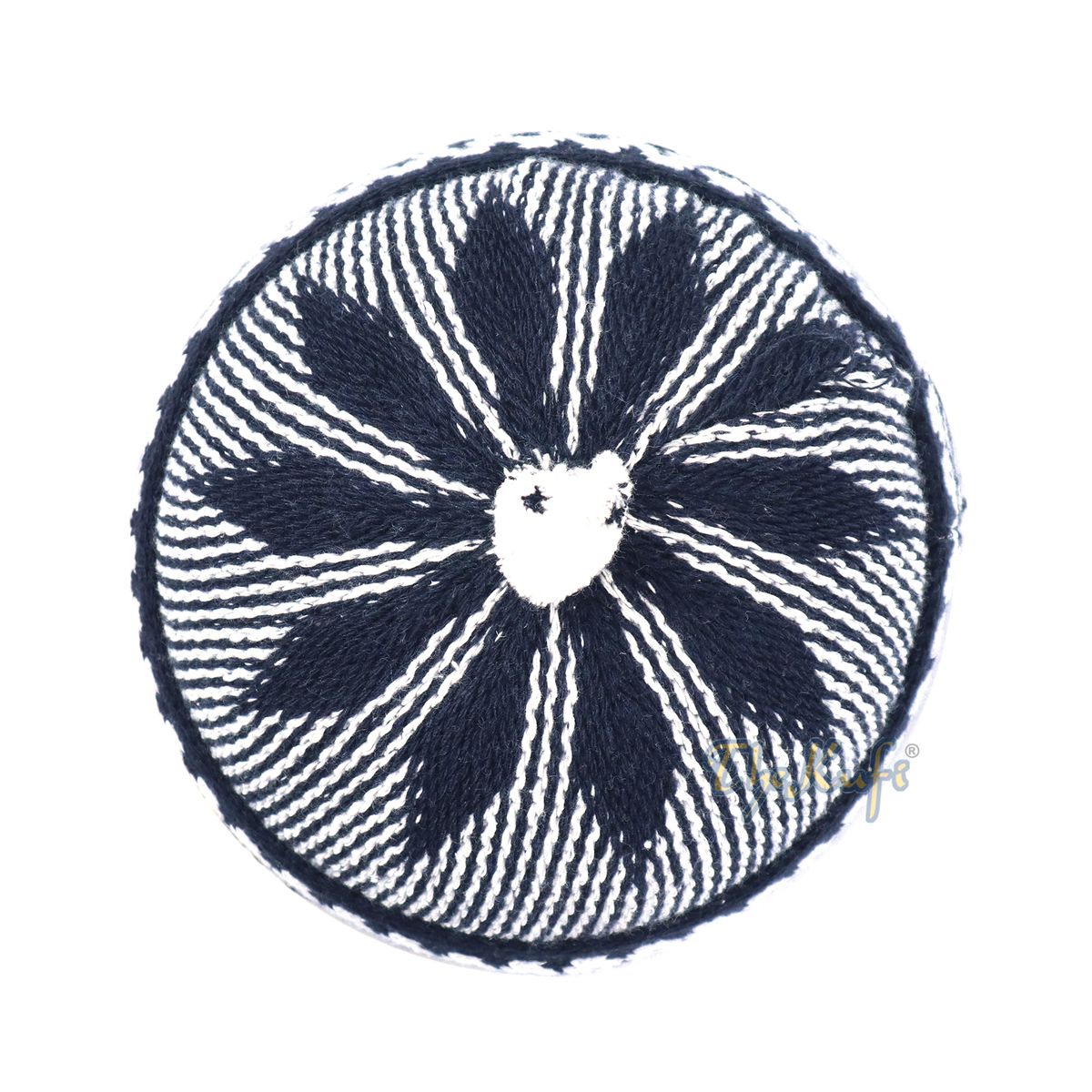 Indigo Blue Cotton Blend Zigzag Beanie Kufi Hat with Ball On Top