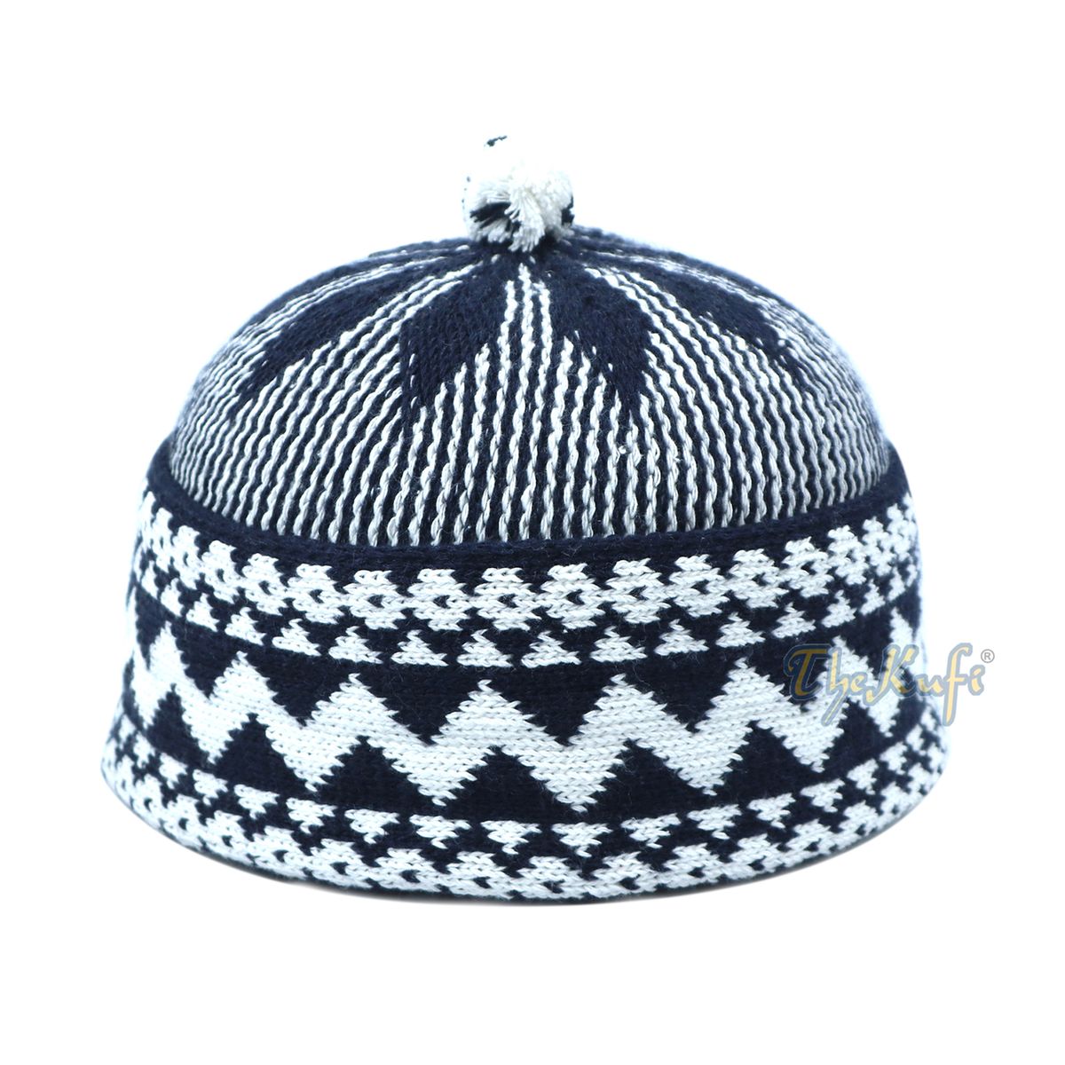 Indigo Blue Cotton Blend Zigzag Beanie Kufi Hat with Ball On Top