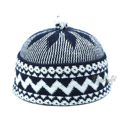 Indigo Blue Cotton Blend Zigzag Beanie Kufi Hat with Ball On Top