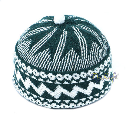 Warm Dark Green Cotton-Blend Zigzag Beanie Kufi