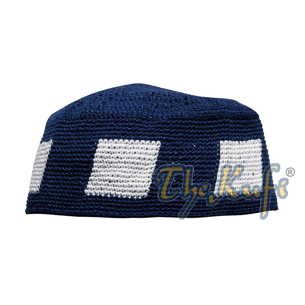 Hand-Crocheted Dark Blue Kufi with White Squares For Kids