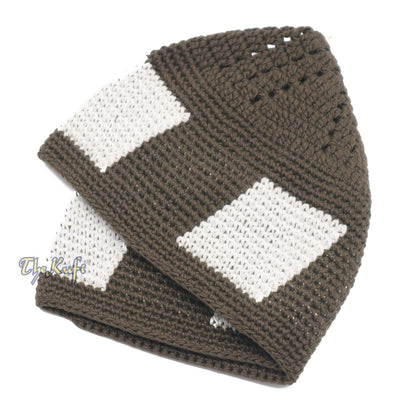 Dark Green Hand-Crocheted Durable Cotton Kufi Hat Cap with White Design