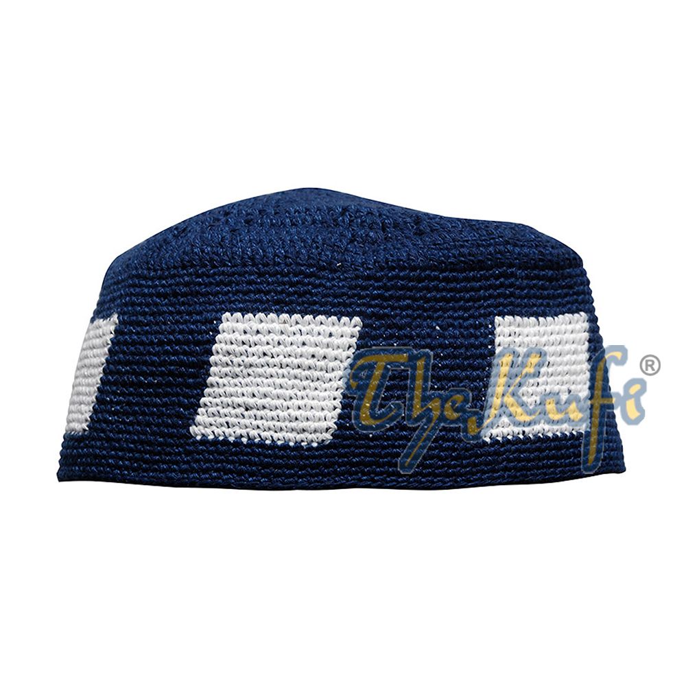 Dark Blue Hand-Crocheted Durable Cotton Kufi Hat Cap with White Design