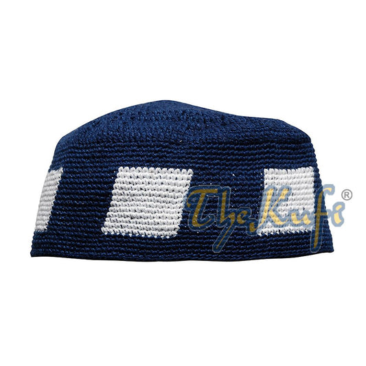 Dark Blue Hand-Crocheted Durable Cotton Kufi Hat Cap with White Design