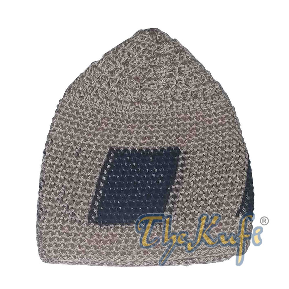 Hand Crocheted Khaki with Olive Green Squares Kufi Hat