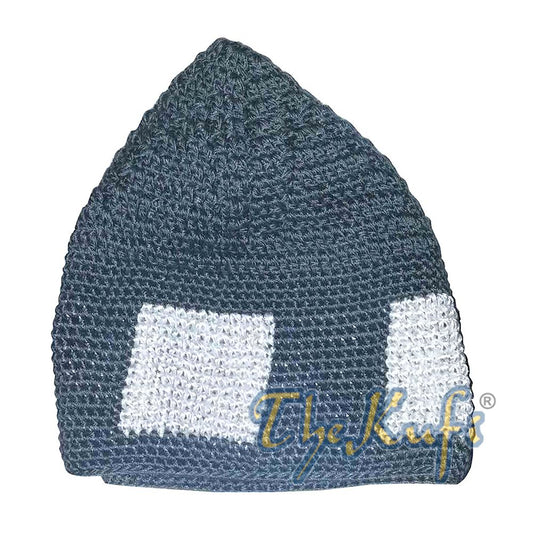 Hand-Crocheted Dark Gray Kufi with White Squares For Kids