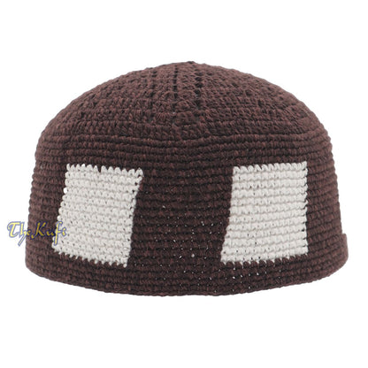 Hand-Crocheted Dark Brown Kufi with White Squares For Kids