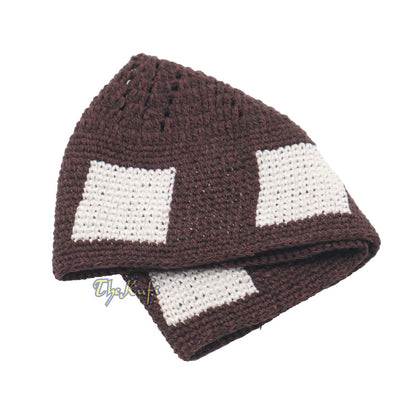 Hand-Crocheted Dark Brown Kufi with White Squares For Kids