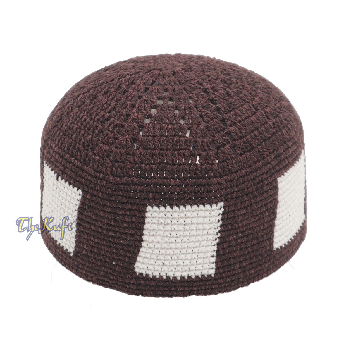 Hand-Crocheted Dark Brown Kufi with White Squares For Kids