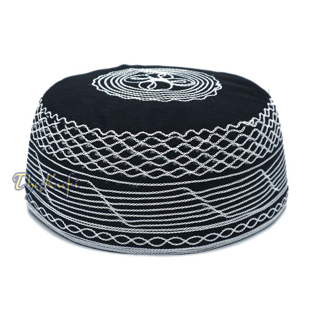 Islamic Kufi Hat | 3″ Tall Black Cotton-blend Cap with White Embroidery
