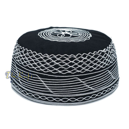Islamic Kufi Hat | 3″ Tall Black Cotton-blend Cap with White Embroidery