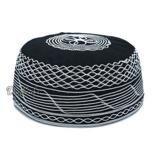 Islamic Kufi Hat | 3″ Tall Black Cotton-blend Cap with White Embroidery