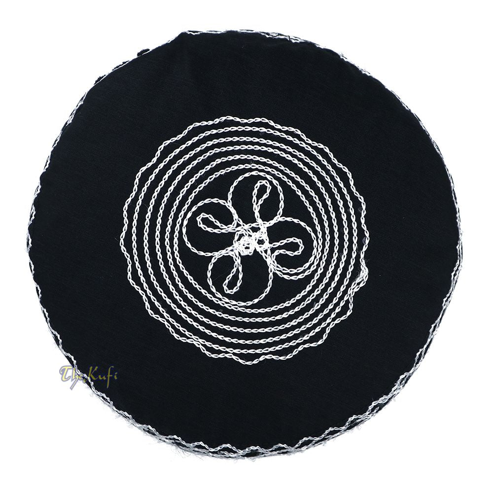Islamic Kufi Hat | 3″ Tall Black Cotton-blend Cap with White Embroidery