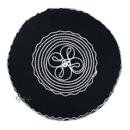 Islamic Kufi Hat | 3″ Tall Black Cotton-blend Cap with White Embroidery