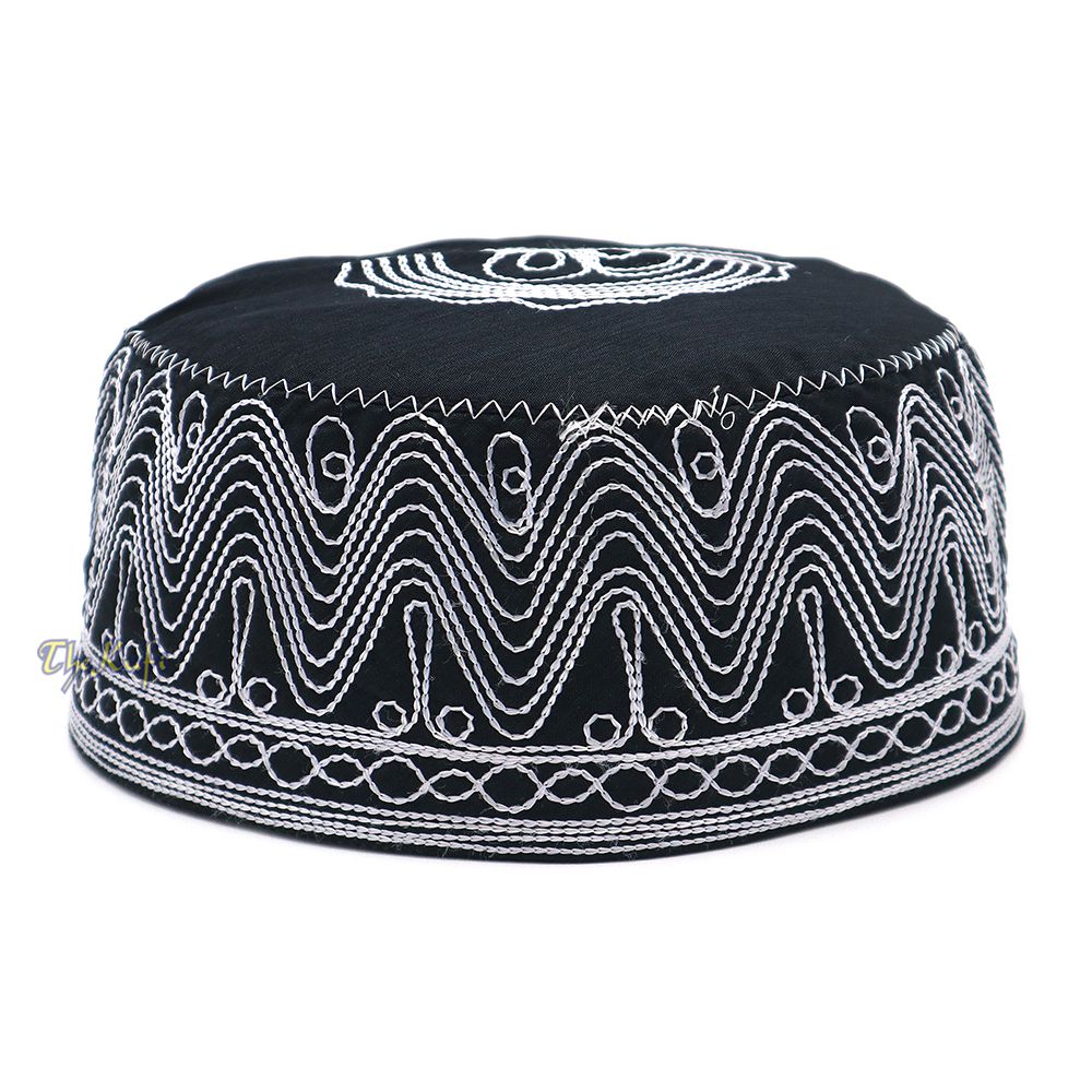 Islamic Kufi Hat | 3″ Tall Black Cotton-blend Cap with White Embroidery