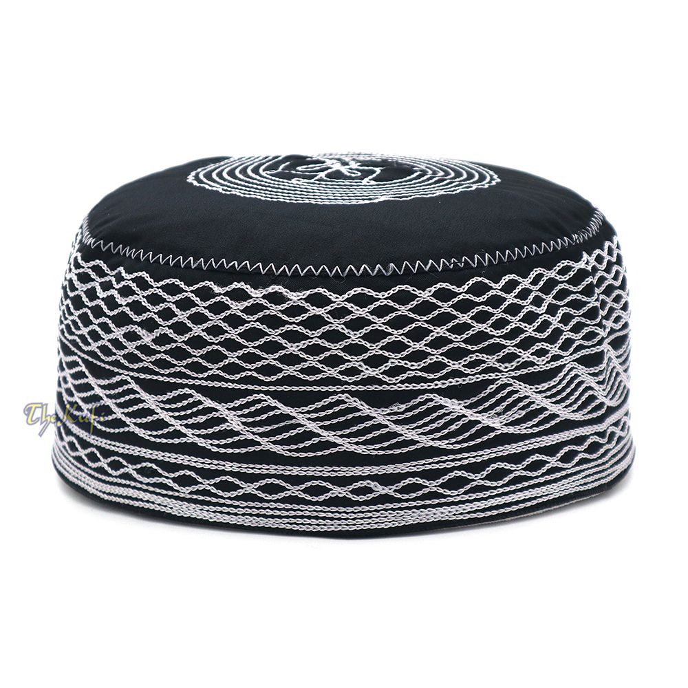 Islamic Kufi Hat | 3″ Tall Black Cotton-blend Cap with White Embroidery