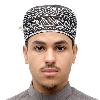 Islamic Kufi Hat | 3″ Tall Black Cotton-blend Cap with White Embroidery