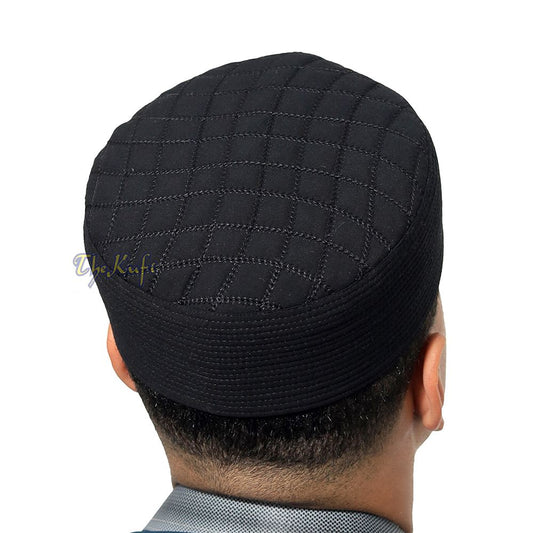Premium Black Padded Malawi Kufis – Handmade Round Embroidered Asad Motif Muslim Prayer Caps