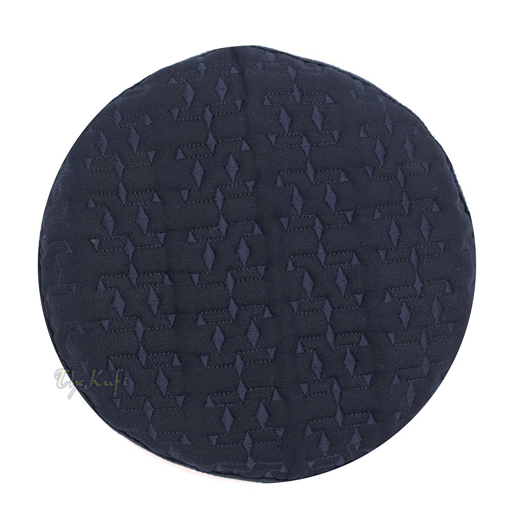 Premium Dark Navy Blue Padded Malawi Kufis – Handmade Round Embroidered Ghalib Motif Muslim Prayer Caps