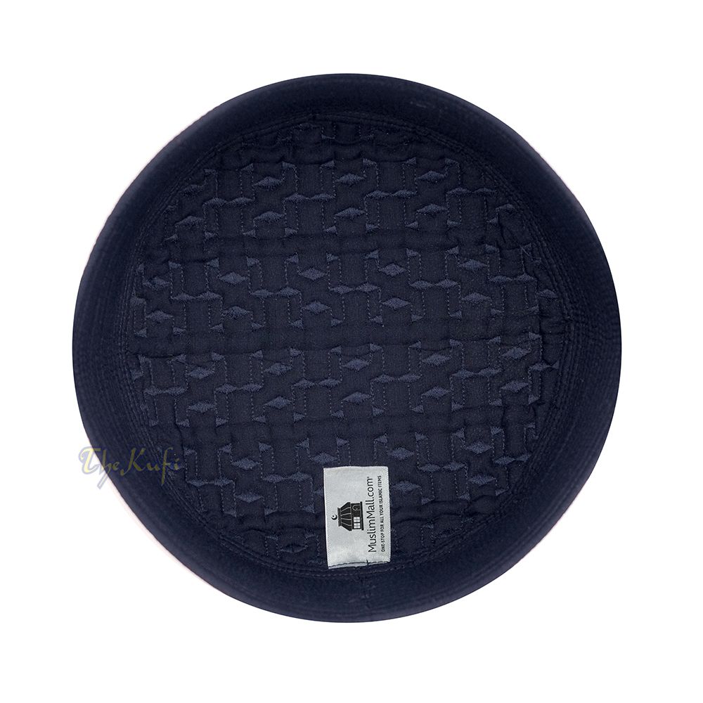 Premium Dark Navy Blue Padded Malawi Kufis – Handmade Round Embroidered Ghalib Motif Muslim Prayer Caps
