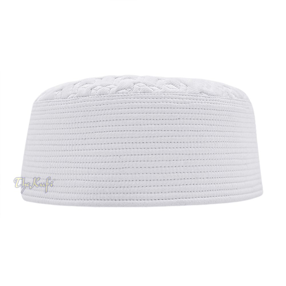 Premium White Padded Malawi Kufis – Handmade Round Embroidered Ghalib Motif Muslim Prayer Caps