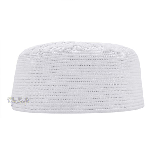 Premium White Padded Malawi Kufis – Handmade Round Embroidered Ghalib Motif Muslim Prayer Caps