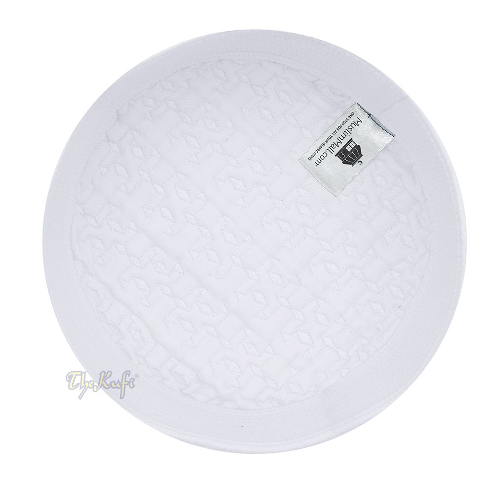 Premium White Padded Malawi Kufis – Handmade Round Embroidered Ghalib Motif Muslim Prayer Caps