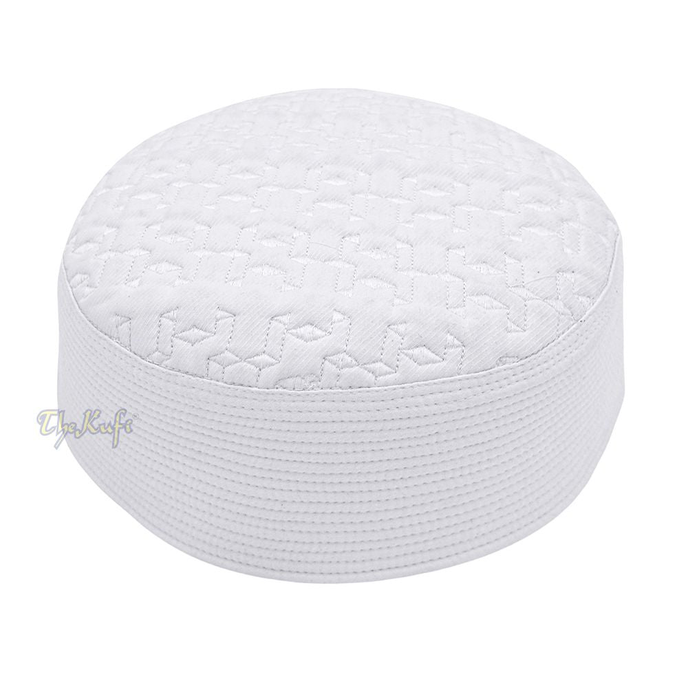 Premium White Padded Malawi Kufis – Handmade Round Embroidered Ghalib Motif Muslim Prayer Caps