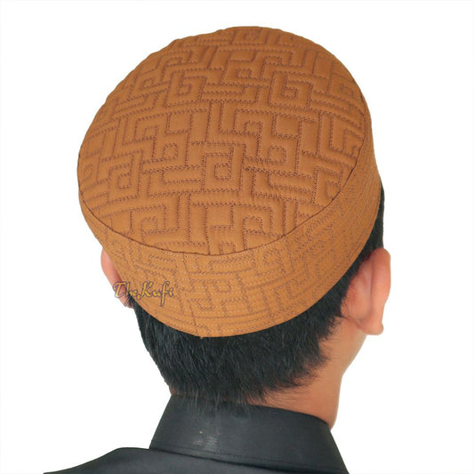 Premium Light Brown Padded Malawi Kufis – Handmade Round Embroidered Sultan Motif Muslim Prayer Caps