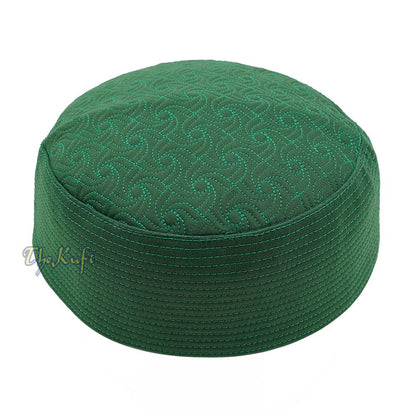 Green Pinwheel Motif Top – Malawi African Muslim Kufi Hat – Islamic Semi-Stiff Stitched Wall Prayer Cap