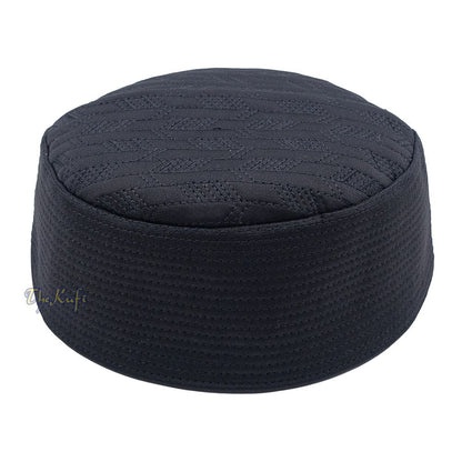 Black Herringbone Motif Top – Malawi African Muslim Kufi Hat – Islamic Semi-Stiff Stitched Wall Prayer Cap