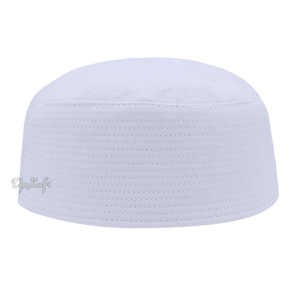 White Semicircle Motif Top – Malawi African Muslim Kufi Hat – Islamic Semi-Stiff Stitched Wall Prayer Cap
