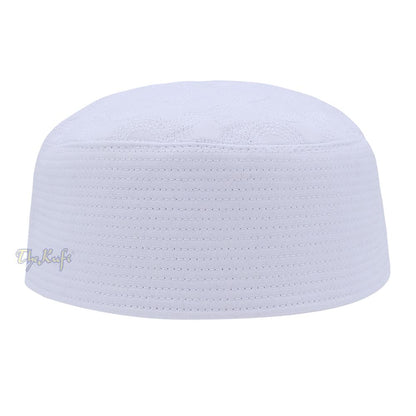 White Semicircle Motif Top – Malawi African Muslim Kufi Hat – Islamic Semi-Stiff Stitched Wall Prayer Cap