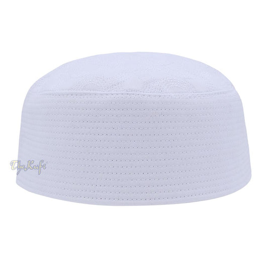 White Semicircle Motif Top – Malawi African Muslim Kufi Hat – Islamic Semi-Stiff Stitched Wall Prayer Cap