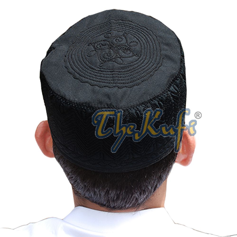 Black Madinah Kufi | Embroidered Mix Fabric 3-inch Muslim Hat