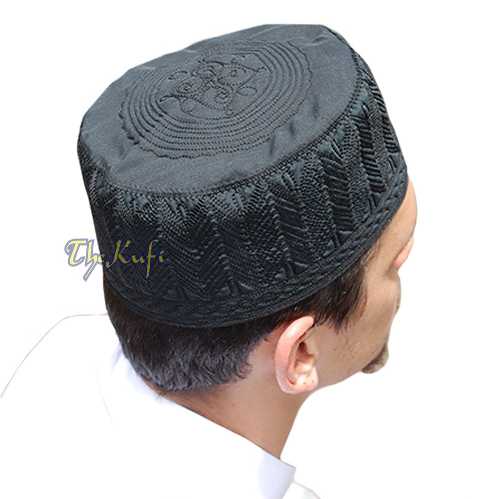Black Madinah Kufi | Embroidered Mix Fabric 3-inch Muslim Hat