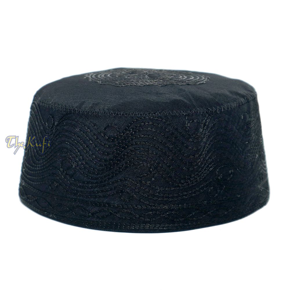 Black Madinah Kufi | Embroidered Mix Fabric 3-inch Muslim Hat